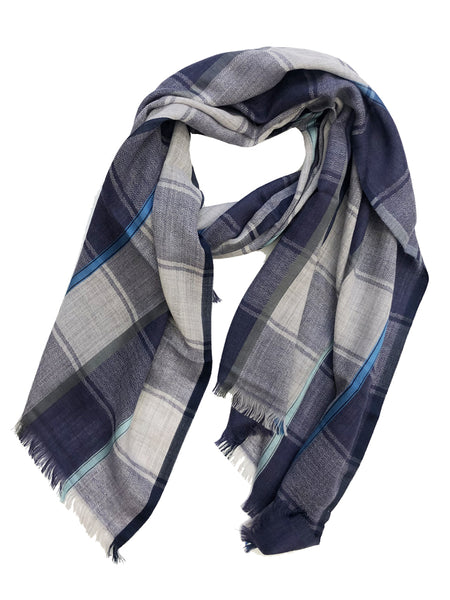 HERRINGBONE PLAID WRAP (NAVY/GREY/ LIGHT BLUES)